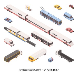 City transport isometric vector illustrations set. Public and industrial vehicles pack, urban travel service. Subway train, light rail, passenger cars, ambulance, taxi cab, freight trucks and forklift