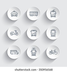 City transport line icons on round 3d shapes, train, bus, taxi, trolleybus, subway, public transport, vector illustration