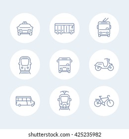 City transport line icons, tram, train, bus, bike, taxi, trolleybus vector icons isolated on white, vector illustration