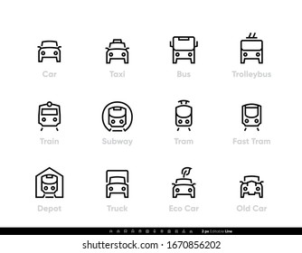 City Transport line vector icons. Car, Bus, Trolleybus, Subway, Tram and Eco Car. Editable outline set on white background