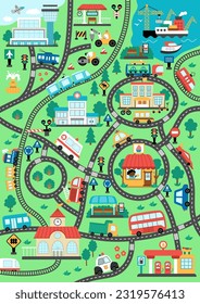 Mapa de transporte urbano. Antecedentes con ferrocarril, carreteras, señales de tráfico para los niños. Elementos de infografía vectorial con tren, coches, tranvía, camión. Plan urbano con aeropuerto, puerto marítimo, paradas de autobús, gasolinera, cafetería
