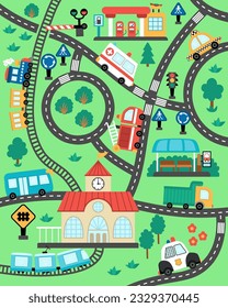 City transport map. Background with railway, roads, traffic signs for kids. Vector infographic elements with train, cars, truck, bus. Urban plan with bus stop, gas station, cafe, railroad station
