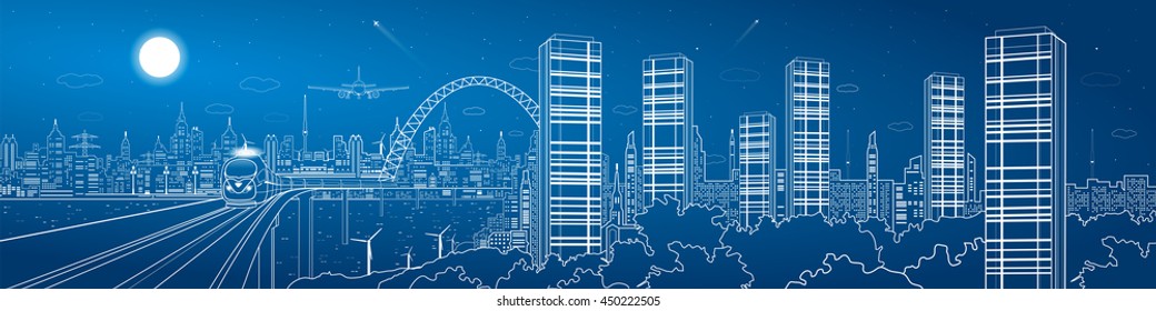 City and transport mega panorama, train on the bridge, skyline, white lines landscape, night town, airplane fly, vector design art