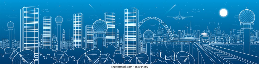 City and transport mega panorama, train on the bridge, skyline, radars in the woods, communication technology, white lines landscape, night town, airplane fly, towers, vector design art