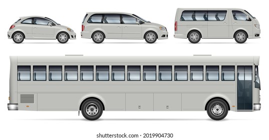 City transport mockup - bus, minivan and car, view from side. Vector template for vehicle branding, corporate identity. All elements in the groups on separate layers for easy editing and recolor.