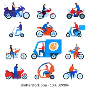 City transport motorbikes vector illustration set. Cartoon flat driver characters on bike collection with people riders driving motorcycle, electric scooter, vehicle transportation isolated on white
