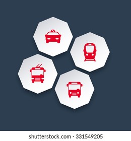 City transport, octagon red icons, vector illustration