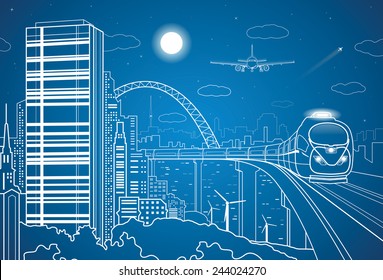 City and transport panorama, train on the bridge, white lines landscape, night town, airplane fly, vector design art