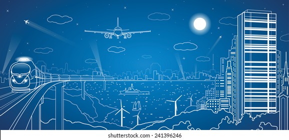 City and transport panorama, white lines landscape, night town, airplane fly, vector design art, train on the bridge