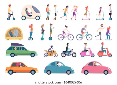 City transport. People driving cars scooter bike hoverboard segway urban activity people lifestyle vector set