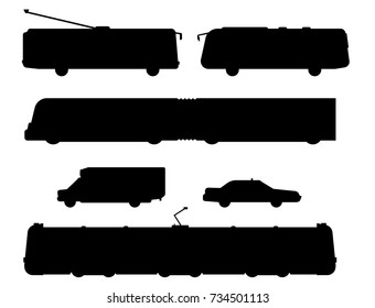 City transport public industry black silhouette vector flat illustrations traffic vehicle street cityscape travel way.