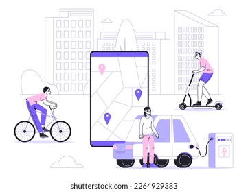 City transport rental app. Modern eco transportation sharing, people riding rental electric car, kick scooter and bicycle flat vector illustration