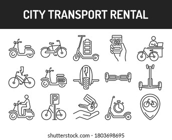 City transport rental black line icons set. Ecological vehicle: bicycle, monowheel, gyrobord, gyroscooter, scooter. Pictograms for web, mobile app, promo. UI UX design element. Editable stroke.