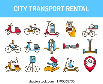 City transport rental color line icons set. Ecological vehicle: bicycle, monowheel, gyrobord, gyroscooter, scooter. Pictograms for web, mobile app, promo. UI UX design element. Editable stroke