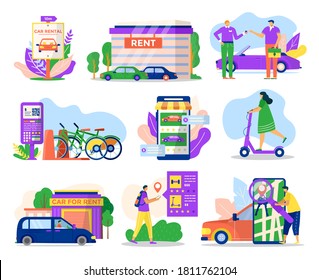 City transport rental service icons set of vector illustrations. Rent vehicle transportation car, bicycle, gyroscooter, scooter. Pictograms for web, mobile app, promo. Urban rentalism concept.