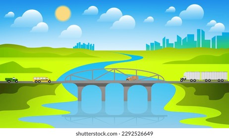 City transport rides on a bridge across a river among fields and hills against the backdrop of the silhouette of the metropolis, the sky with the sun and clouds. Vector.