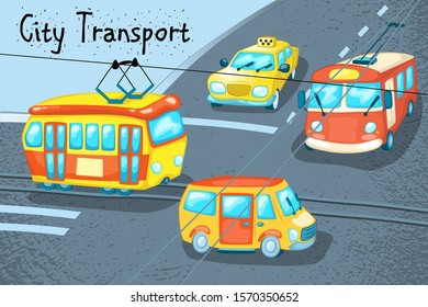 City transport scene with taxi, van, tram and trolley. Urban traffic vector illustration. Street crossing with different types of public transport. Colorful vehicles on road. 