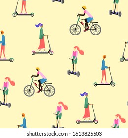 City transport and scooter sharing seamless pattern. Rent a scooter and bicycle. Woman and man driving electric kick e-scooter and bicycle. Eco transport. Green city. Vector illustration.