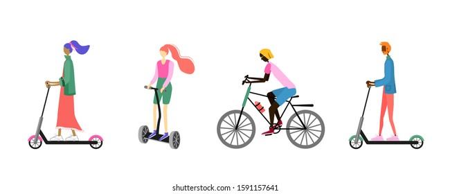 City transport and scooter sharing service. Rent a scooter and bicycle. Woman and man driving electric kick e-scooter and bicycle. Eco transport and green city. Vector illustration.