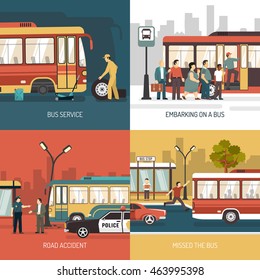 City transport service bus stop concept 4 flat icons square with boarding passengers  abstract isolated vector illustration 