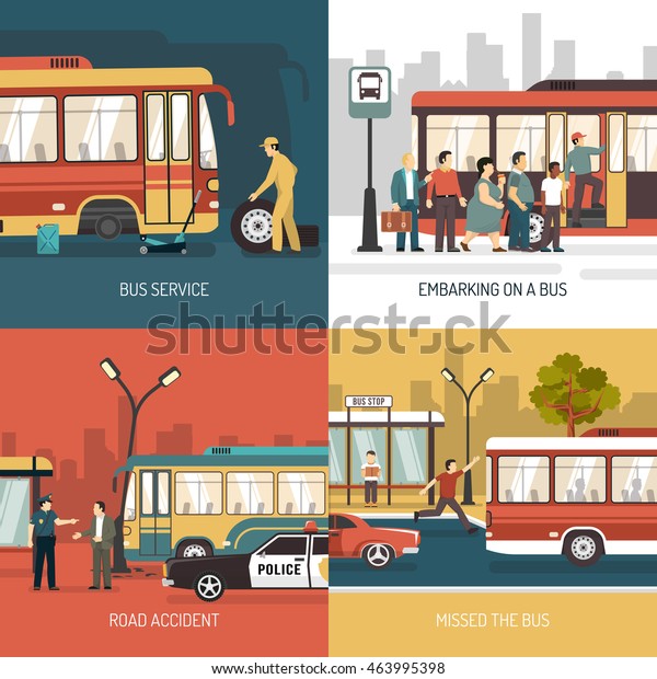 City transport service bus stop concept 4 flat icons\
square with boarding passengers  abstract isolated vector\
illustration 