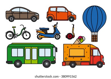 City transport set of colorful flat linear icons on white background. Images of cars, bus, scooter, bike and aerostat. Vector illustration