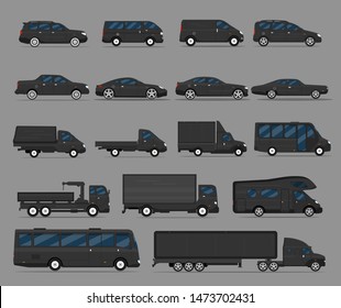 City transport set flat isolated cars, 4x4, van, bus, sport car, truck, on grey background illustration. 