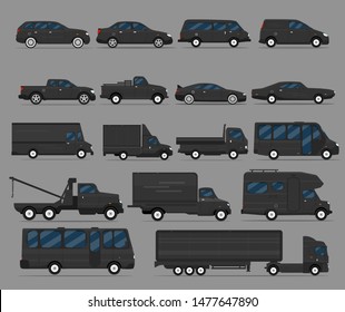 City transport set flat isolated cars, 4x4, van, bus, sport car, truck, on grey background illustration. 