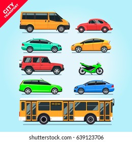 City transport set flat isolated cars, motorcycle, van, bus, taxi on blue background illustration. Multicolored stylish cars mockups, red, blue, green, yellow & turquoise colors
