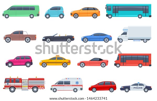 市の輸送セット パトカー救急車消防車バスタクシーキャブリオレのピックアップベクターフラット分離型都市輸送 自動車のタクシーと警察 道路の車のイラスト のベクター画像素材 ロイヤリティフリー