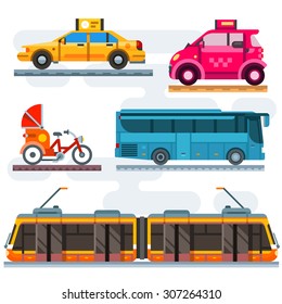 City transport set. Public transport: taxi, bus, subway, train. Personal transport: car, bike, moped, motorcycle. Vector flat illustrations