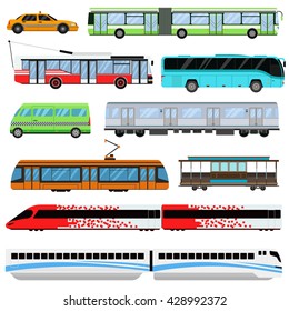 City transport set and public city transport: taxi, bus, subway, train