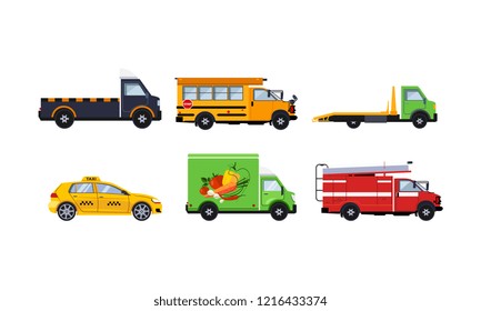 City transport set, truck, school bus, tow truck, taxi, fire truck, vector Illustration on a white background