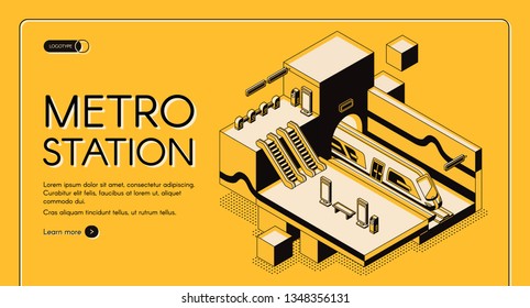 City transport system infrastructure isometric vector web banner, landing page template. Modern subway train in tunnel of underground metro station with escalators cross section, line art illustration