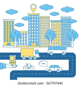 City transport system with vehicles on a road. Car, bike, bus and truck driving  surrounded by houses. Skyscrapers with trees. Taxi geolocation system