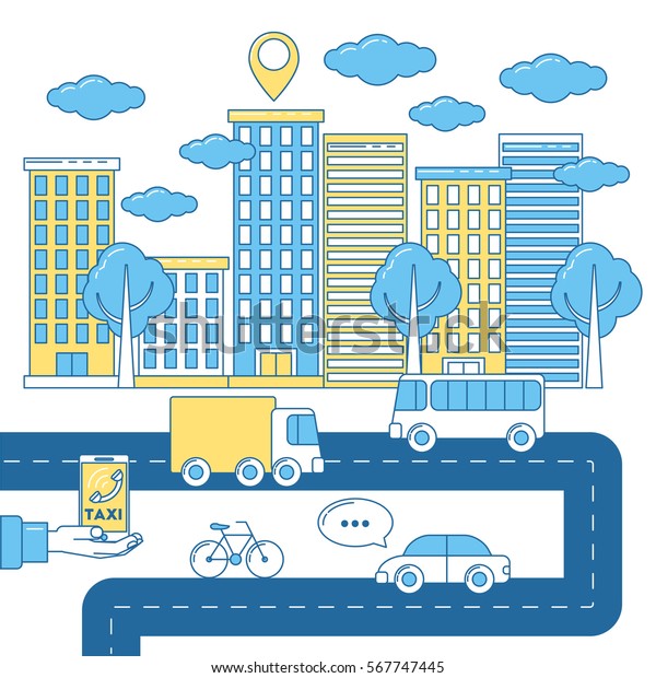 City transport system with vehicles on\
a road. Car, bike, bus and truck driving  surrounded by houses.\
Skyscrapers with trees. Taxi geolocation\
system