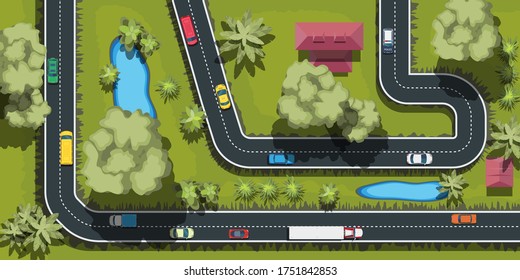 City transport top view .Landscape with trees top view.Cars, buses, trucks on the road .Highway vector illustration.