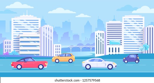 City transport, traffic on the street. Cityscape, buildings and cars