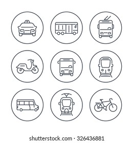 City transport, tram, train, bus, bike, taxi, trolleybus, line icons in circles, vector illustration