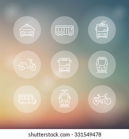 City transport, tram, train, bus, bike, taxi, trolleybus, line transparent icons, vector illustration