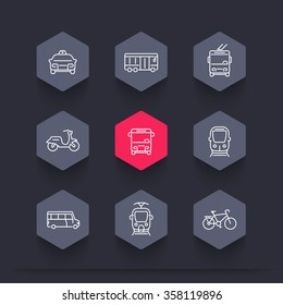City transport, tram, train, bus, bike, taxi, trolleybus, line hexagon icons, vector illustration