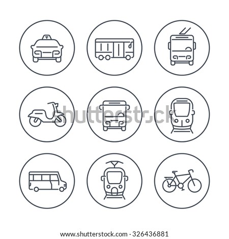 City transport, tram, train, bus, bike, taxi, trolleybus, line icons in circles, vector illustration