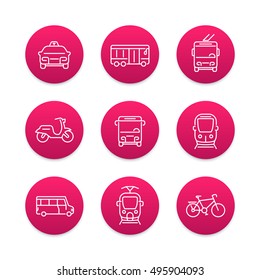 City transport, transit van, train, bus, taxi, line icons set, vector illustration