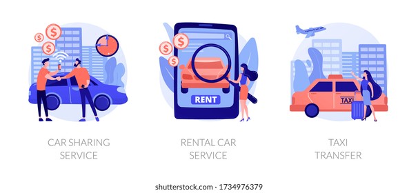 City transport usage. Rent a car agency. Sharing economy trends in urban traffic. Carsharing service, rental car service, taxi transfer metaphors. Vector isolated concept metaphor illustrations