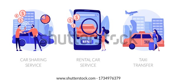 City transport usage. Rent a car agency.\
Sharing economy trends in urban traffic. Carsharing service, rental\
car service, taxi transfer metaphors. Vector isolated concept\
metaphor illustrations