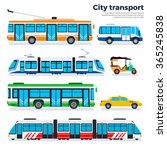 City transport vector flat illustrations. Urban life concept. Different kinds of city transport, taxi, motorbike, tram, metro, trolley bus and buses isolated on white background