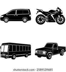 city transport vehicle vector collection: truck, bus, bicycle, sedan car, bike and mini truck  vector illustration for creative projects