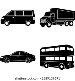city transport vehicle vector collection: truck, bus, bicycle, sedan car, bike and mini truck  vector illustration for creative projects