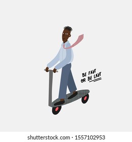 City transportation active life style character illustration simple card. Fast move people vector. Urban fashion transport ecology optimisation postcard graphic design element. Cute bicycle scooter