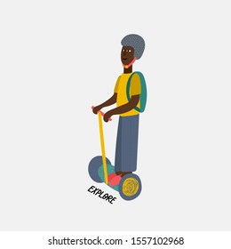 City transportation active life style character illustration simple card. Fast move people vector. Urban fashion transport ecology optimisation postcard graphic design element. Cute bicycle scooter